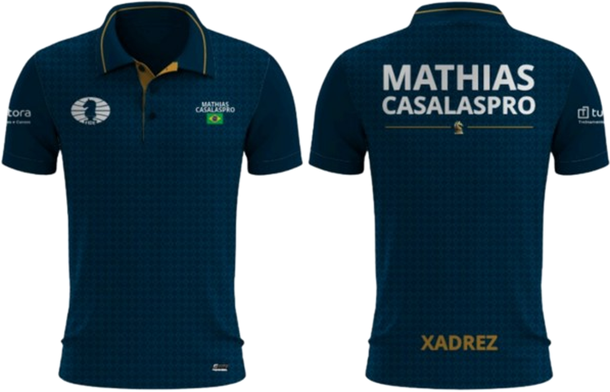 Frente e costas da camisa oficial de competição do Mathias, com os espaços disponíveis para logomarcas.