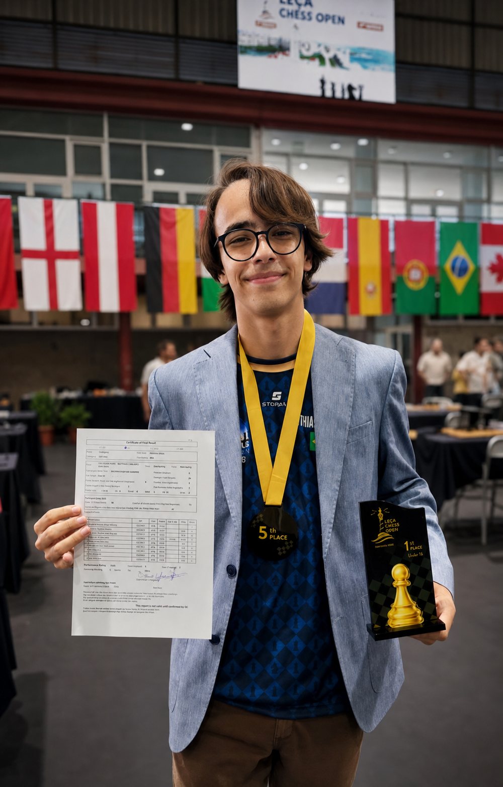 Mathias com a medalha, o troféu e o certificado de norma do Leça Chess Open, em Portugal.